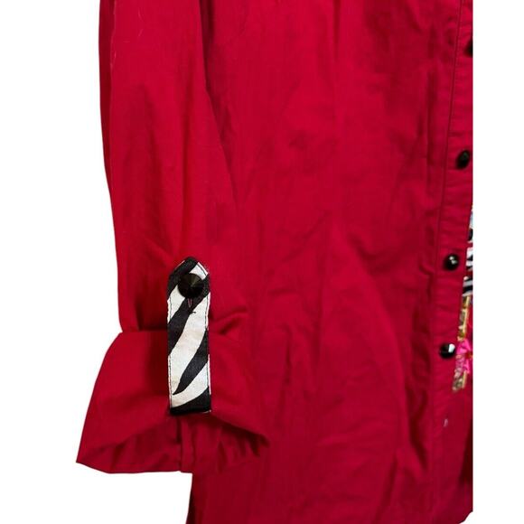 Peeking Santa Christmas Blouse Berek Red Zebra Trim Beads Sequins Top Women's L - Picture 5 of 11
